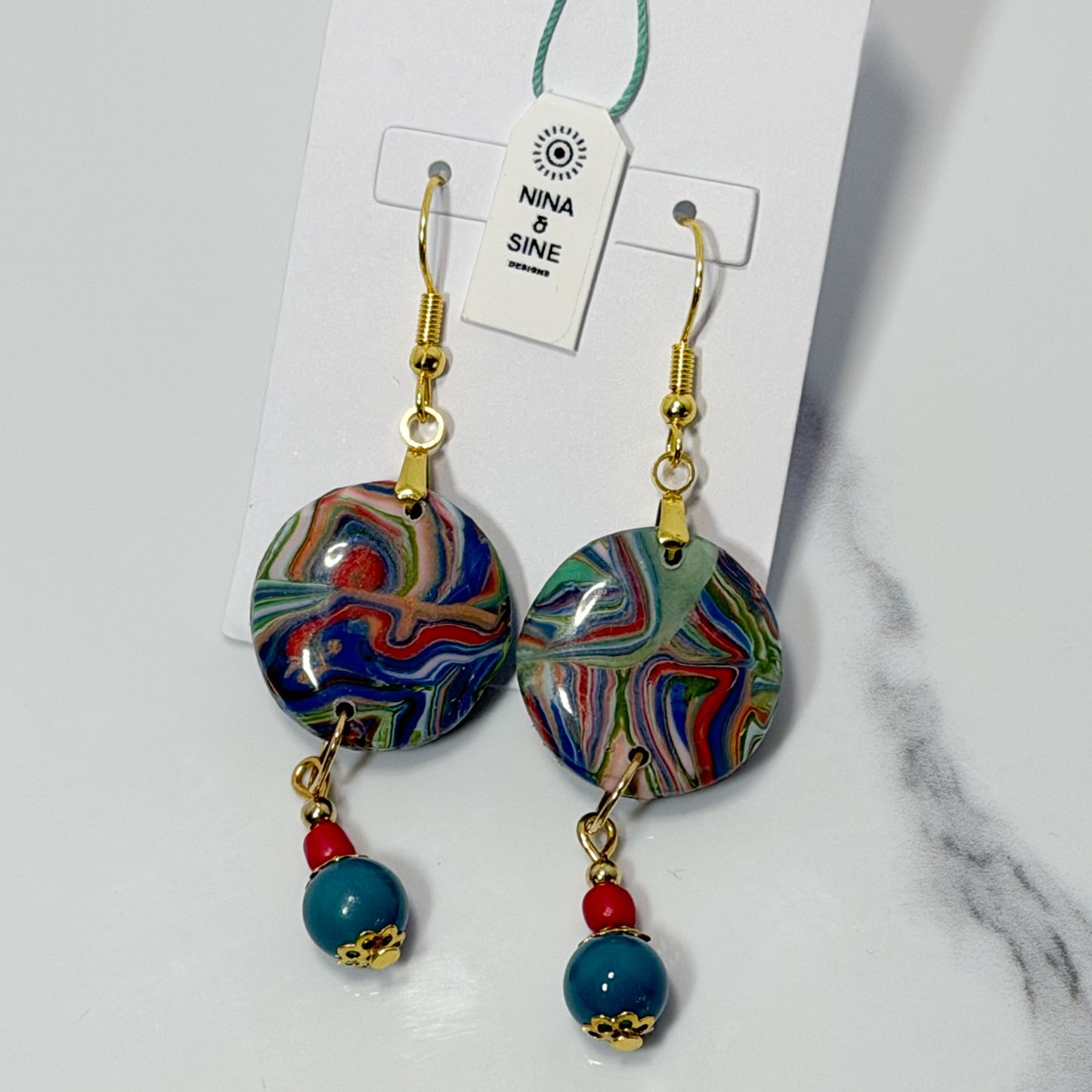Marbled Polymer Clay Statement Earrings — Red & Green