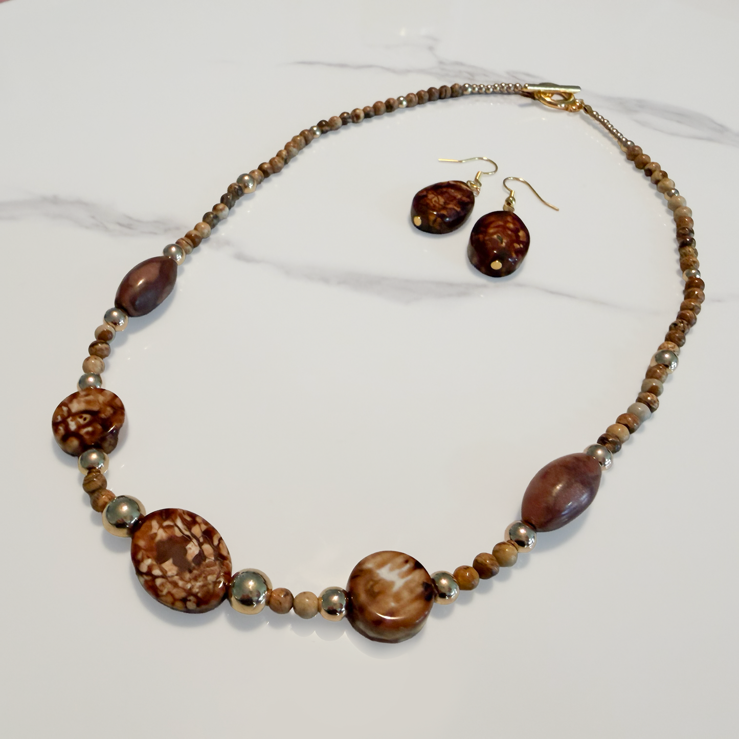 Jasper & Agate Statement Necklace with Matching Earrings – Warm Brown Tones