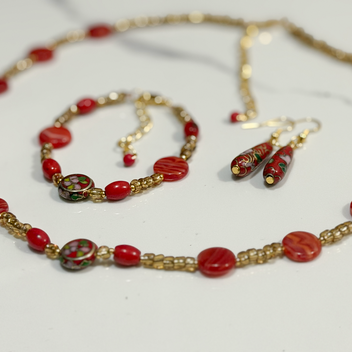 Ruby Bloom Set — Red & Gold Beaded Necklace, Bracelet & Earrings
