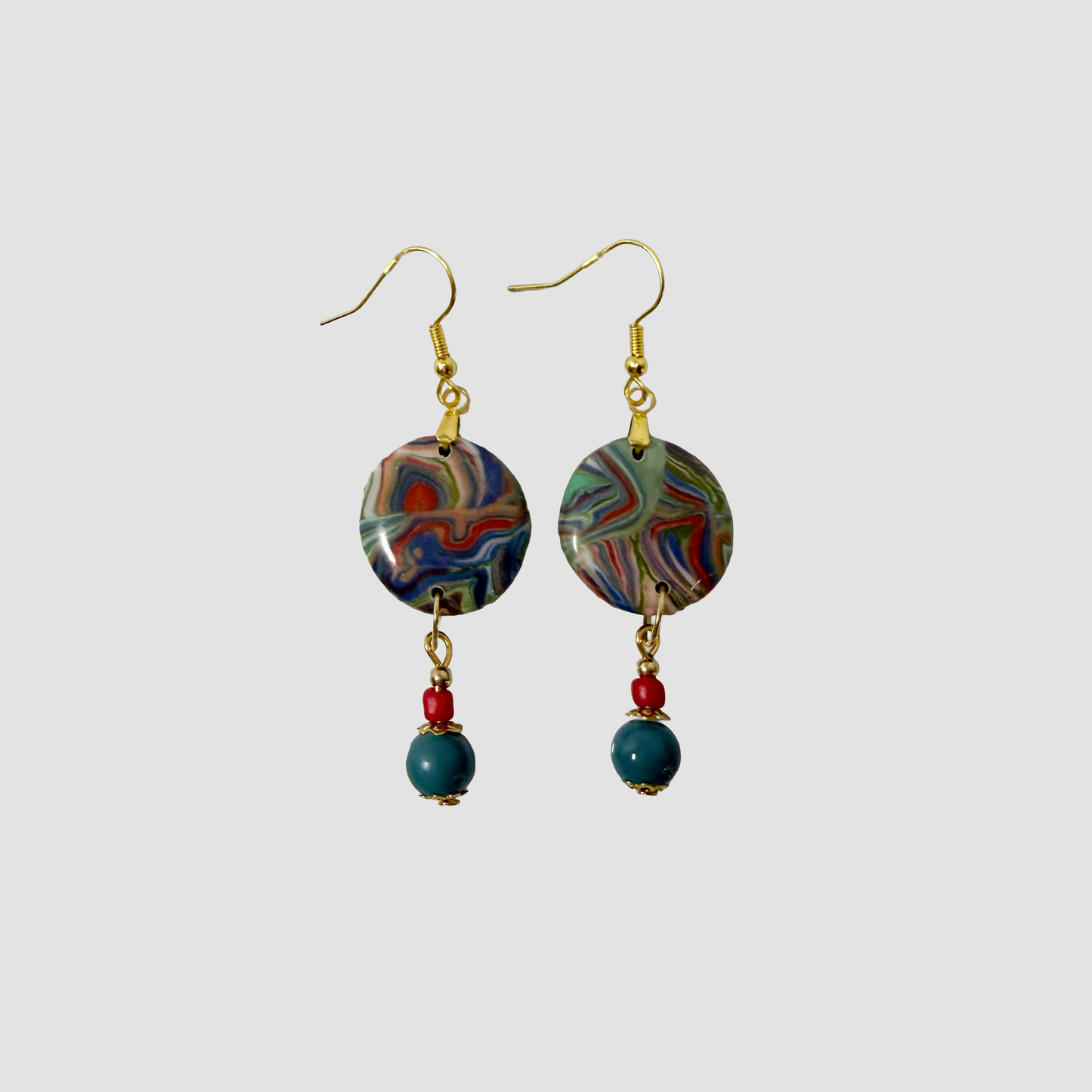 Marbled Polymer Clay Statement Earrings — Red & Green