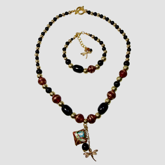 Burgundy & Black Dragonfly Beaded Necklace & Bracelet Set