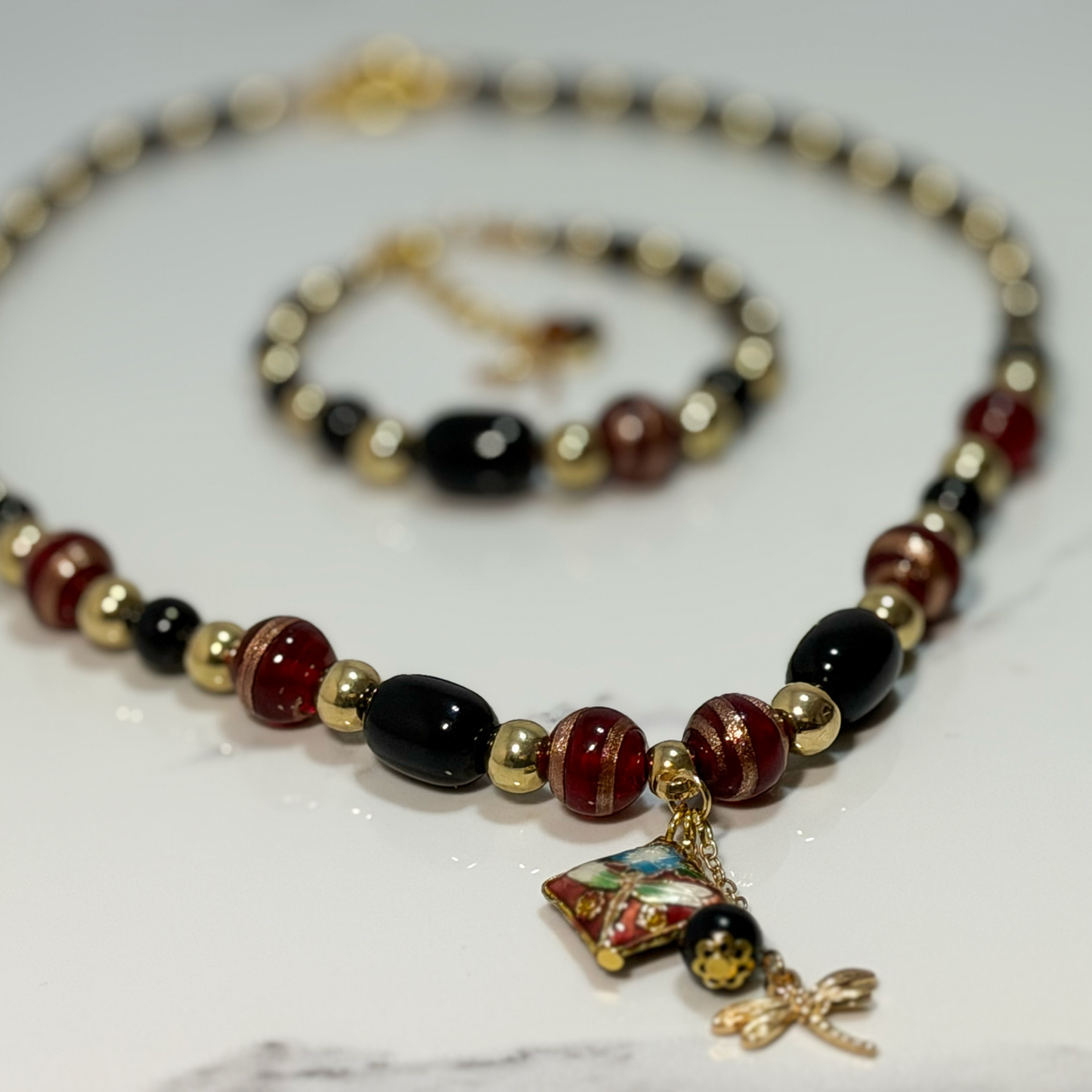 Burgundy & Black Dragonfly Beaded Necklace & Bracelet Set