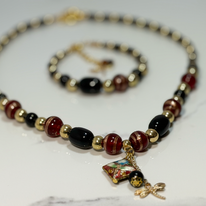 Burgundy & Black Dragonfly Beaded Necklace & Bracelet Set