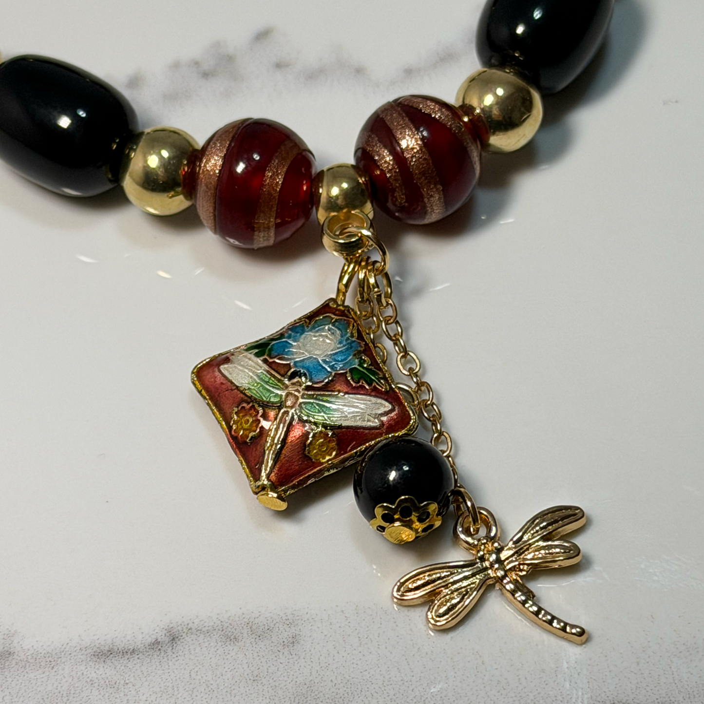 Burgundy & Black Dragonfly Beaded Necklace & Bracelet Set