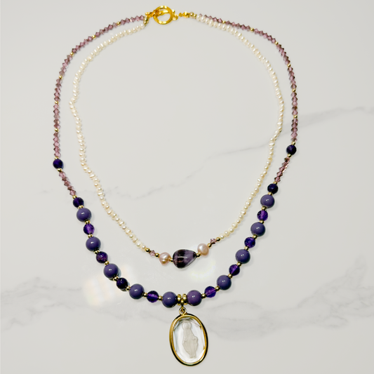 Double-Strand Amethyst & Pearl Necklace with Miraculous Mary Medallion