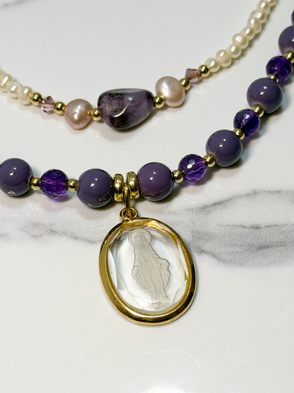 Double-Strand Amethyst & Pearl Necklace with Miraculous Mary Medallion