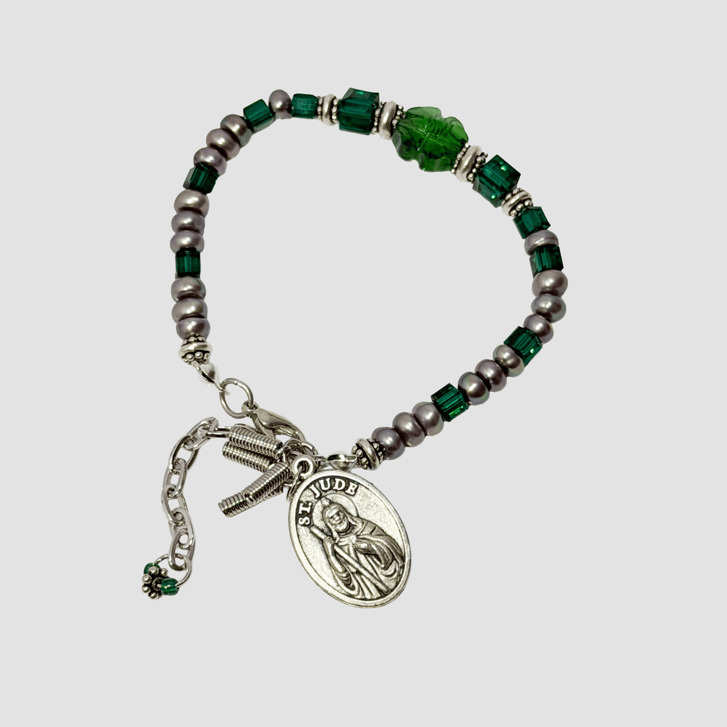 St. Jude Beaded Charm Bracelet – Green Crystal & Silver Pearl