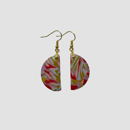 Marble Fan Earrings – Gold, Red, Teal & Pink Polymer Clay