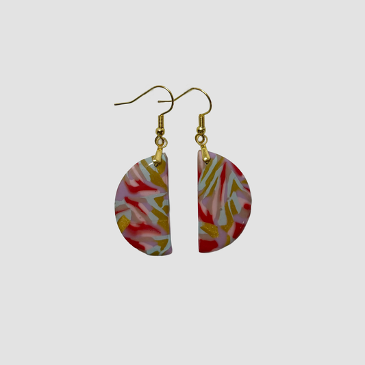 Marble Fan Earrings – Gold, Red, Teal & Pink Polymer Clay