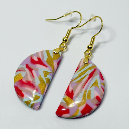 Marble Fan Earrings – Gold, Red, Teal & Pink Polymer Clay