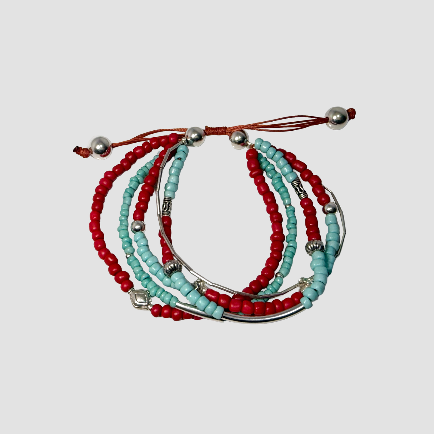 Teal & Red Beaded Silver Wrap Bracelet