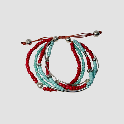 Teal & Red Beaded Silver Wrap Bracelet