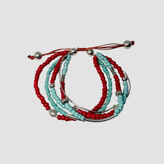 Teal & Red Beaded Silver Wrap Bracelet
