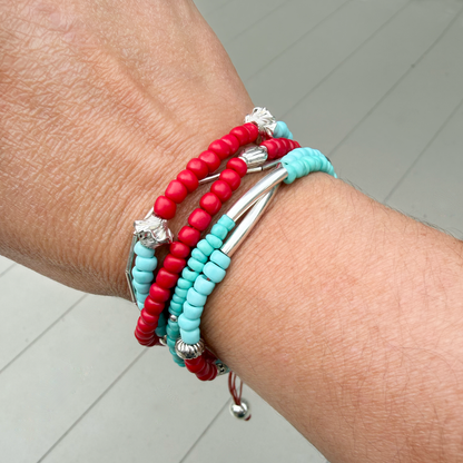 Teal & Red Beaded Silver Wrap Bracelet