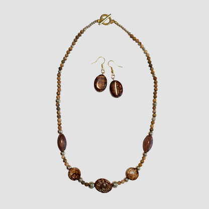 Jasper & Agate Statement Necklace with Matching Earrings – Warm Brown Tones