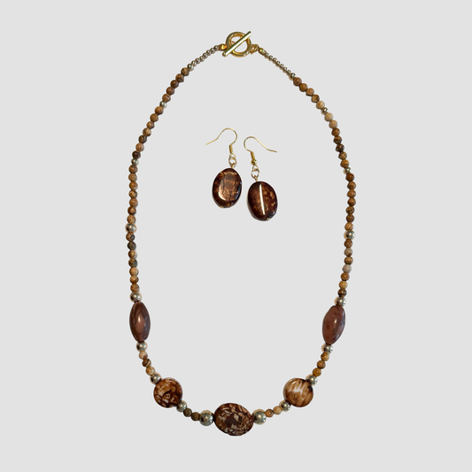 Jasper & Agate Statement Necklace with Matching Earrings – Warm Brown Tones