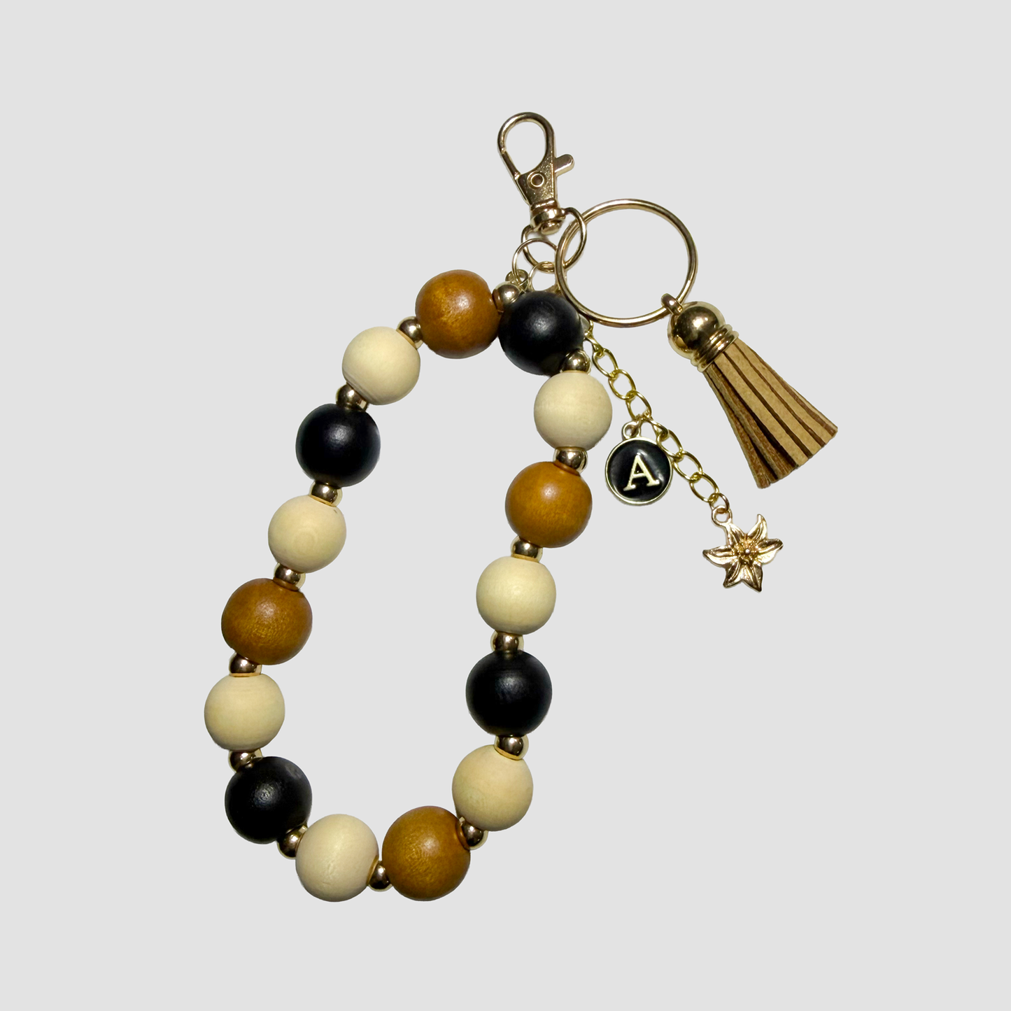 Earth Tones Wood Bead Bag Charm & Keychain – Personalized Initial Charm