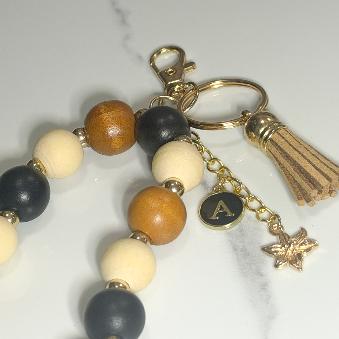Earth Tones Wood Bead Bag Charm & Keychain – Personalized Initial Charm