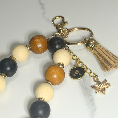 Earth Tones Wood Bead Bag Charm & Keychain – Personalized Initial Charm