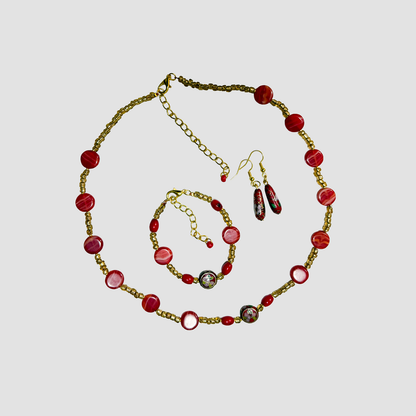 Ruby Bloom Set — Red & Gold Beaded Necklace, Bracelet & Earrings