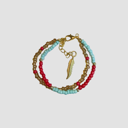 Boho Turquoise & Red Beaded Bracelet with Gold Feather Charm