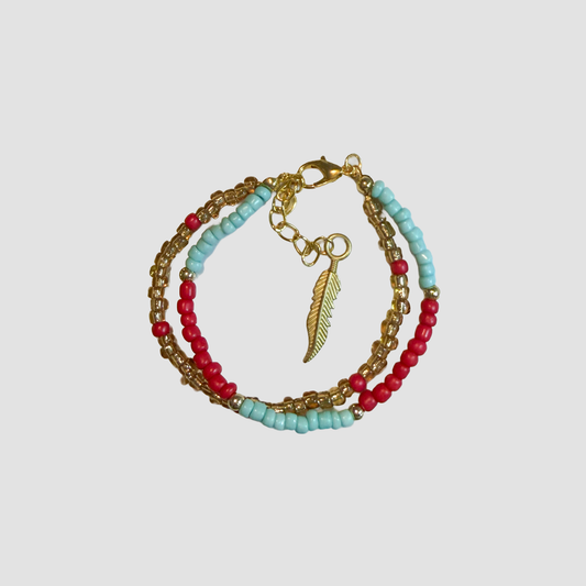 Boho Turquoise & Red Beaded Bracelet with Gold Feather Charm