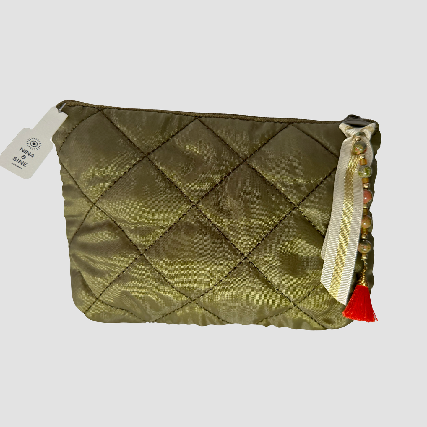 Quilted Cosmetic Bag – Moss Green, Personalized with Gemstone Charm