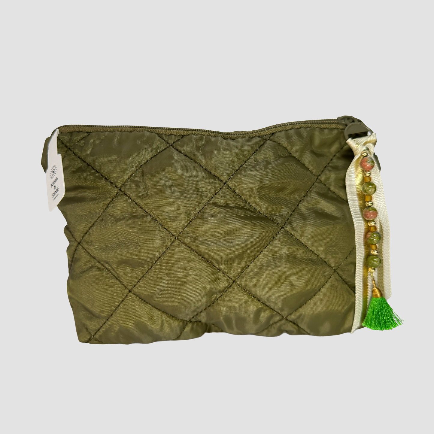 Quilted Cosmetic Bag – Moss Green, Personalized with Gemstone Charm