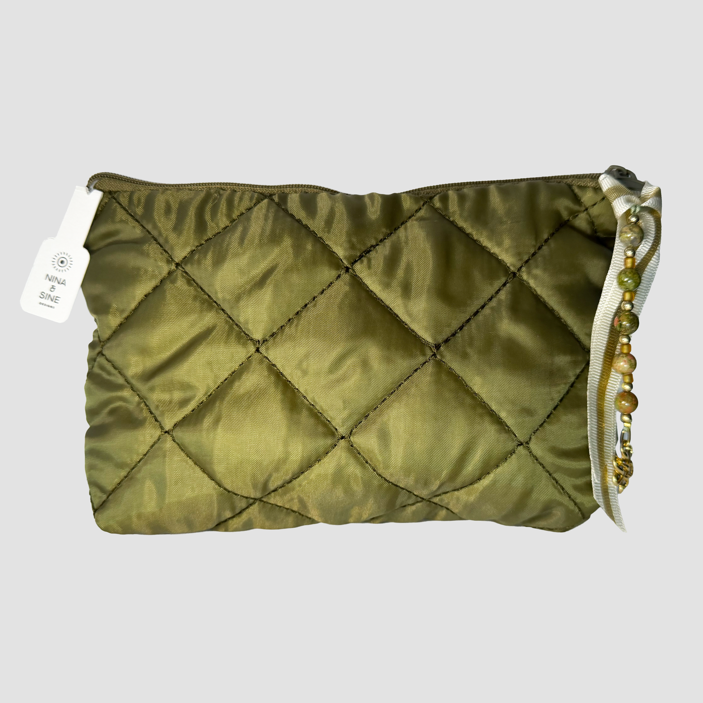 Quilted Cosmetic Bag – Moss Green, Personalized with Gemstone Charm