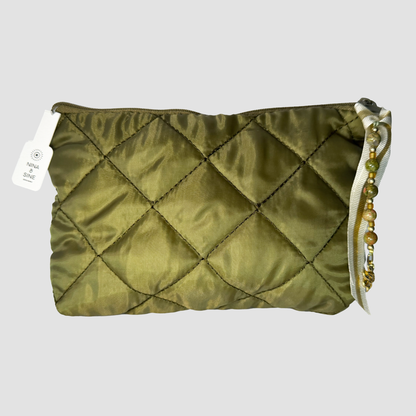 Quilted Cosmetic Bag – Moss Green, Personalized with Gemstone Charm