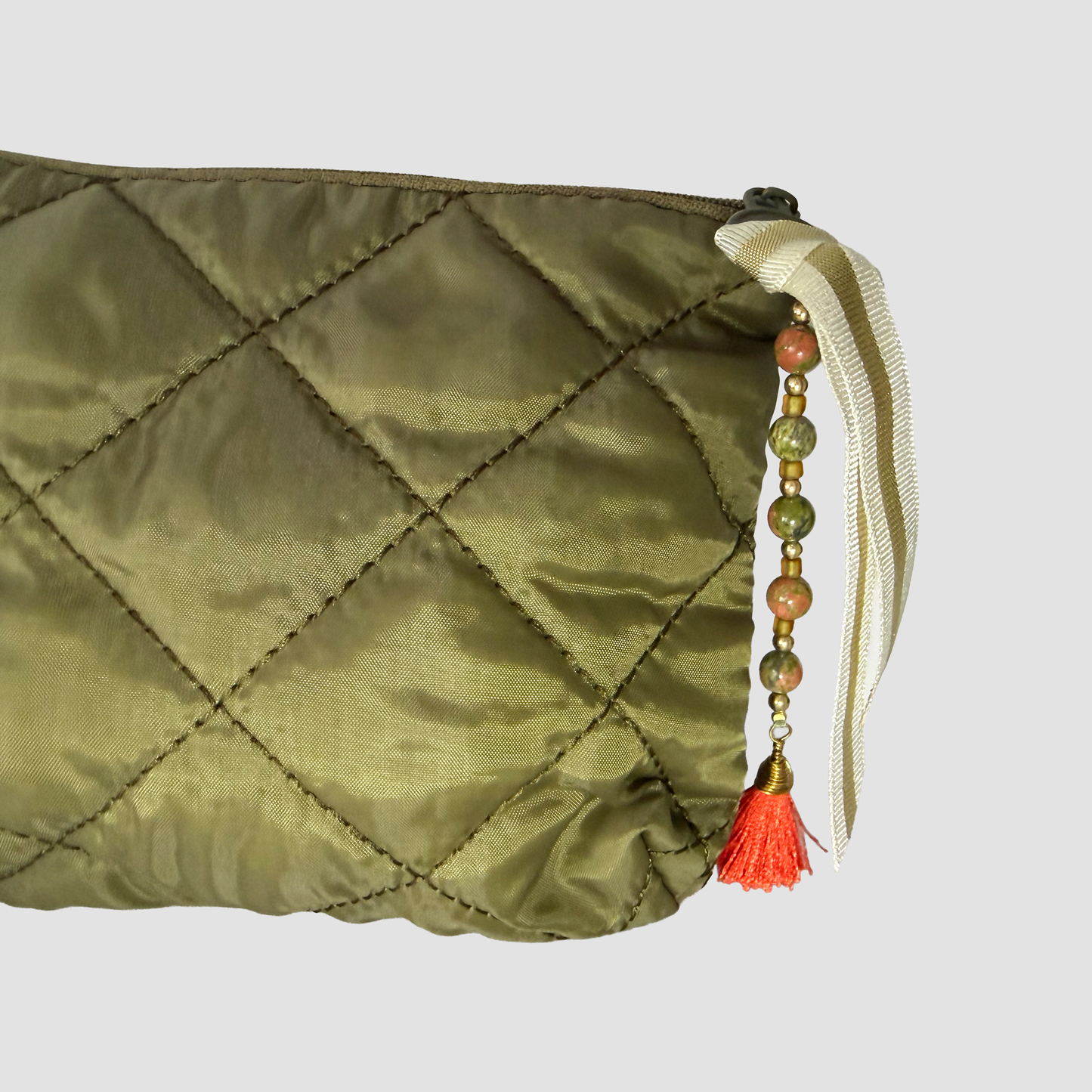 Quilted Cosmetic Bag – Moss Green, Personalized with Gemstone Charm
