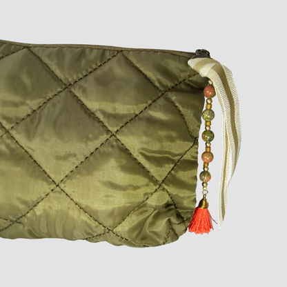 Quilted Cosmetic Bag – Moss Green, Personalized with Gemstone Charm