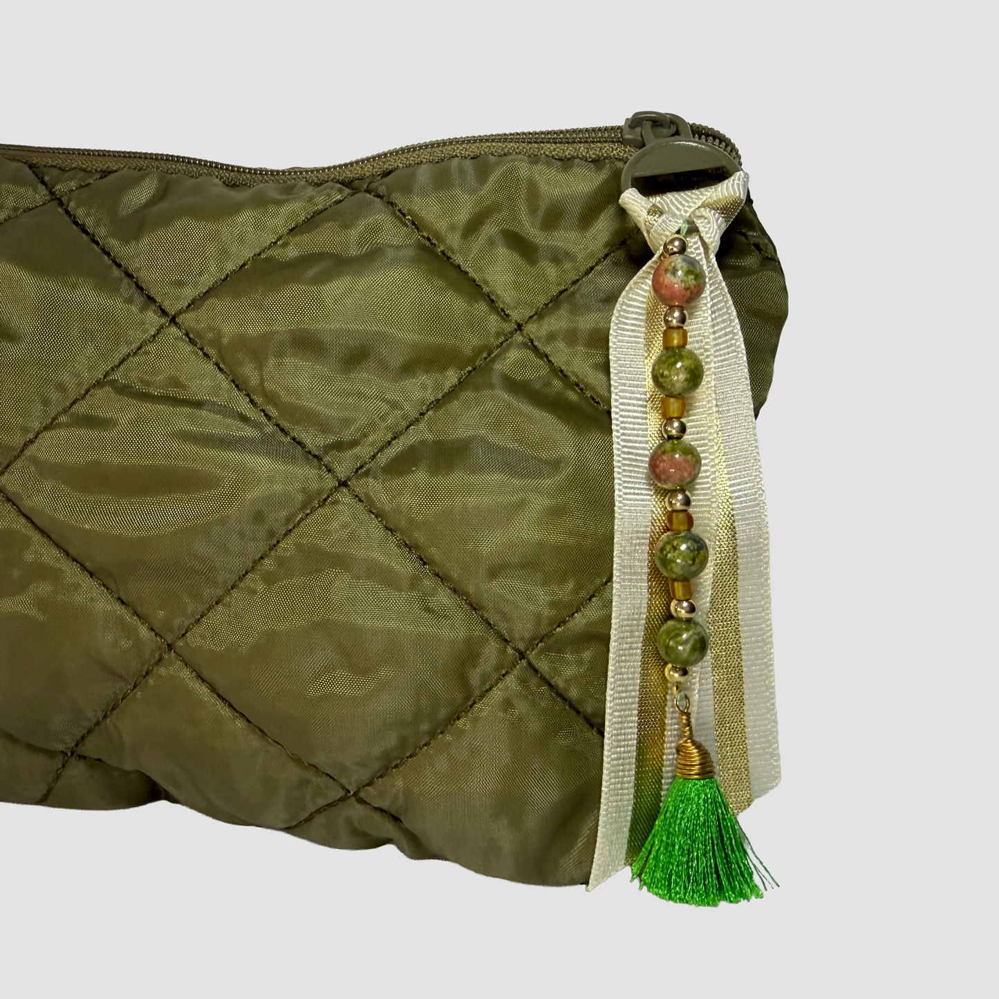 Quilted Cosmetic Bag – Moss Green, Personalized with Gemstone Charm