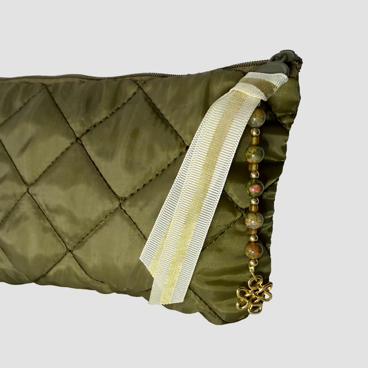 Quilted Cosmetic Bag – Moss Green, Personalized with Gemstone Charm
